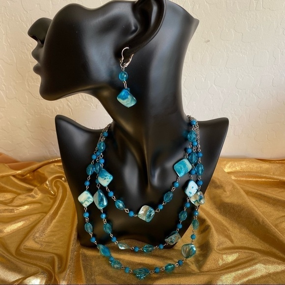 Jewelry - Silver & turquoise colored  beads & abalone shell tri-level necklace & earrings.
